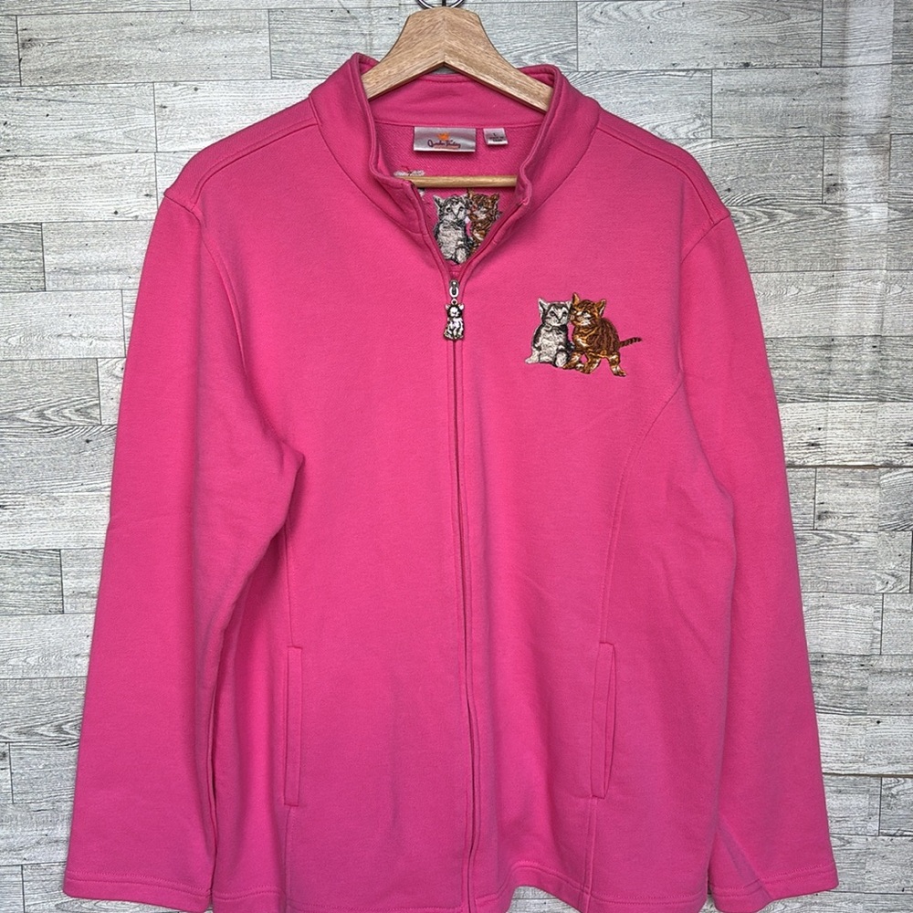 Pink Cat Sweatshirt The Quacker Factory Large Cardigan Orange Kitty Sweater